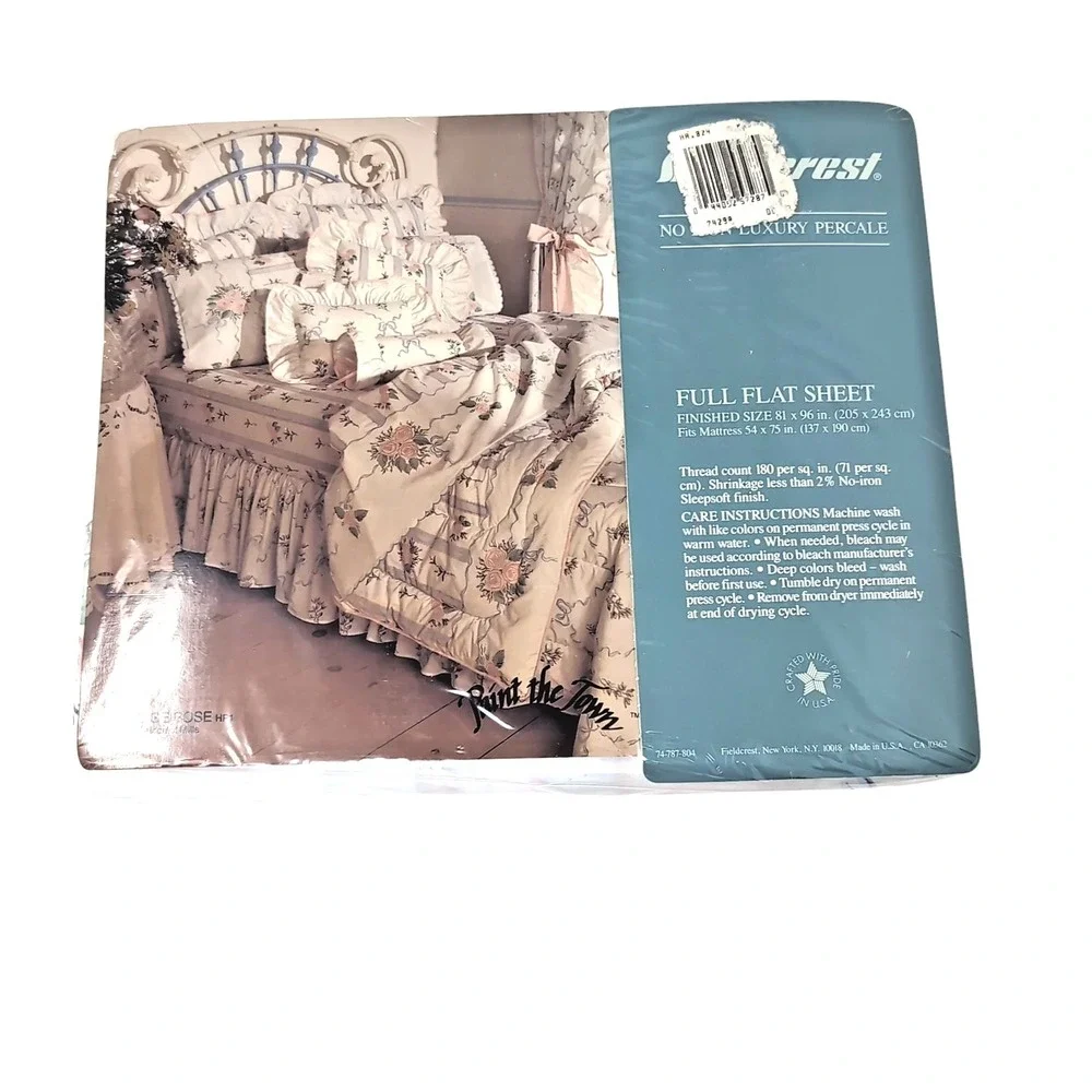 VTG Fieldcrest Cottage Rose Full Sheet Set Scalloped White Pink Blue 4pc NEW USA